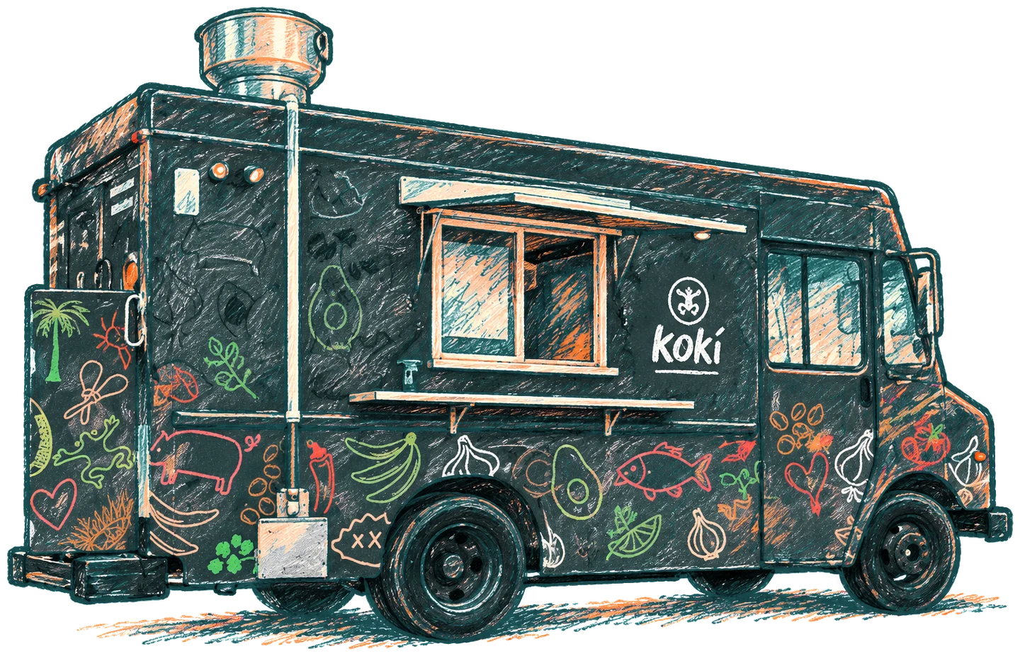 Colored-pencil illustration of the Kokí food truck and its serving window